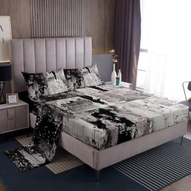 Imagem de Feelyou Jogo de lençol Queen cinza e preto, arte abstrata, moderno, decoração de quarto de meninos e meninas, geométrico, com bolso alto, lençol com elástico alto, vintage, retrô e 2 fronhas