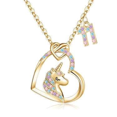 Imagem de Hidepoo Presentes de unicórnio de aniversário para meninas – Colar de unicórnio banhado a ouro 14 K, presentes de aniversário para meninas de 3 a 16 anos, colar de unicórnio com pingente de coração de zircônia cúbica colorido para meninas, joias de presente, Metal, Zircônia cúbica