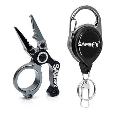 Imagem de SAMSFX Alicate de pesca de 8,4 cm para água salgada, alicate de pesca de aço inoxidável com anel dividido, removedor de anzol, cortadores de carboneto de tungstênio, acessórios de pesca para homens