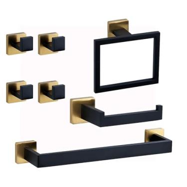 Imagem de Banheiro Preto Ouro Suporte de Papel Higiênico Suporte de Toalha Gancho de Roupão Anel de Toalha Conjunto de Ferragens de Banheiro de Aço Inoxidável kit, conjunto de 7 peças