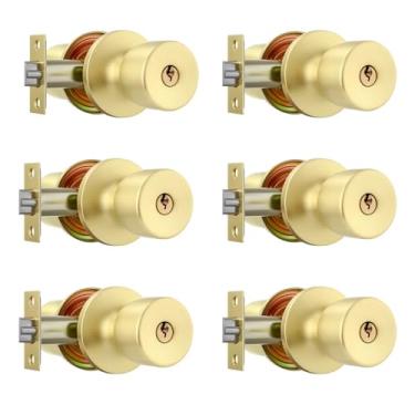 Imagem de Leydebong Pacote com 6 maçanetas de porta de aço inoxidável com chave, maçanetas douradas com chaves, fundo ajustável de 60-70 mm para portas grossas de 35-45 mm, porta da frente/quarto/banheiro