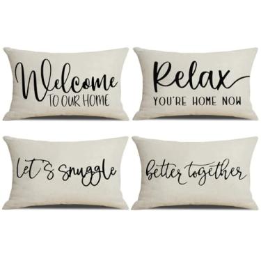 Imagem de NYDECOR Conjunto de 4 capas de almofada rústica de fazenda 30,5 x 50,8 cm Welcome to Our Home Relax, capa de almofada lombar com citação Better Together Let's Snuggle para sofá, cama, varanda