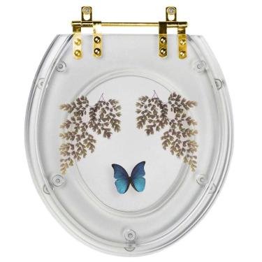 Imagem de Assento Sanitário Poliester Oval Transparente Decorado Borboleta Azul Com Ferragem Dourada