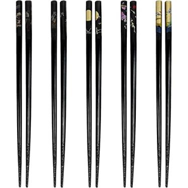 Imagem de JapanBargain Pacote Com 10 Pares De 5 Hashis Bambu Preto Design Tradicional Japonês Lua E Sakura, Madeira Reutilizáveis, Laváveis Na Máquina Lavar Louça, 23 Cm, Estilo Chinês Coreano