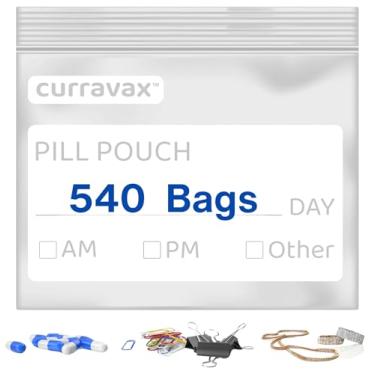 Imagem de CURRAVAX Sacos de comprimidos para viagem de 540 – Bolsa de comprimidos livre de BPA 7,6 x 7 cm – Bolsas reutilizáveis para medicamentos com escrita na etiqueta – Sacos de comprimidos Ziplock