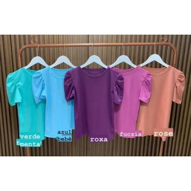 Imagem de Blusa feminina manga princesa bufante curta malha canelada gola rasa -