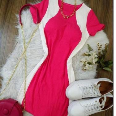 Imagem de Vestido curto manga curta malha canelada faixa lateral branca feminino