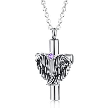 Imagem de LuxglitterLin Colar de urna com cruz de asa de anjo para cinzas, pedra do mês de nascimento de aço inoxidável, joia de cremação feminina e masculina, Aço inoxidável, Sem Pedra Preciosa