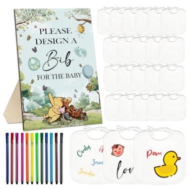 Imagem de Kit clássico de 43 placas de chá de bebê Winnie, incluindo 1 placa de jogo Winnie Baber, 30 babadores brancos para decoração e 12 canetas de pintura, placa de babador de bebê DIY, perfeita para jogos