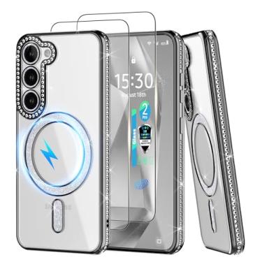 Imagem de YmhxcY Capa magnética para Galaxy S23, [2 x 0,18 película protetora de tela de vidro temperado com impressão digital] Diamante fofo para glitter luxuoso moda brilhante para Samsung Galaxy S23 6,1