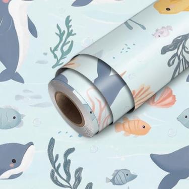 Imagem de HOMETITUTE Papel de parede azul claro animais do oceano descasque e cole bonito padrão de criatura marinha papel de parede bastão de papel de parede 45 cm x 300 cm cobertura de parede de vinil