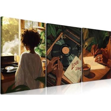 Imagem de Conjunto de 3 peças de arte de parede de mulher negra, decoração de parede para meninas negras, moda afro-americana, pôster, música, amante, música, arte, arte para quarto, sala de estar, 41 x 61 cm