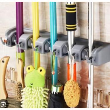Imagem de Suporte Organizador Multiuso Forte p/Parede 5 Espaços e Ganchos p Vassoura Rodo