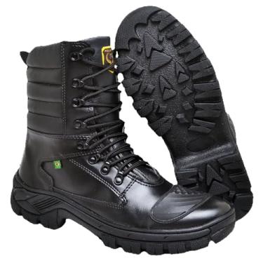 Imagem de Coturno Tático Militar Masculino Feminino Cano Alto Couro Resistente Solado Antiderrapante Confortável para Trilhas, Trabalho e Segurança – Preto. Disponível nos Tamanhos 38 ao 43 Após a compra nos envie uma mensagem com o número desejado.
