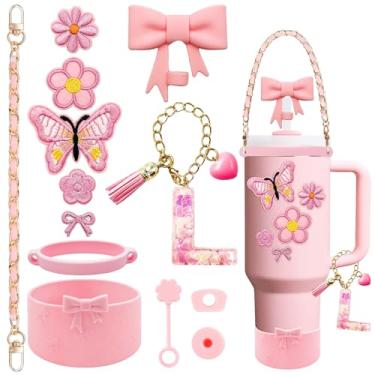 Imagem de XIANGYUAN Conjunto de acessórios de copo rosa de 14 peças para copo Stanley Cup de 850 g 1,134 g com alça, inclui alça, decoração de arco de palha, capa de palha, bota, tampas à prova de derramamento