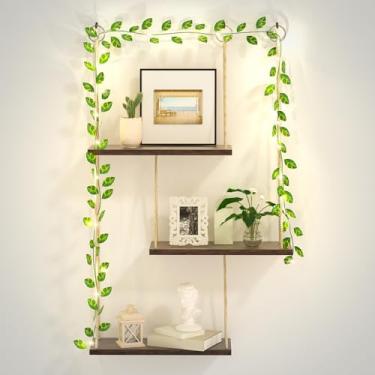 Imagem de MASHDE Prateleiras suspensas de corda de 3 camadas para parede com luzes de videira – Prateleira flutuante de madeira para decoração de parede de suculentas, quarto, sala de estar, entrada ou