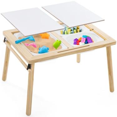 Imagem de Mesas sensoriais para crianças, mesa infantil com 3 caixas de armazenamento, mesa de atividades com 7 brinquedos de areia, mesa de areia para brincar interna/externa, presentes para meninos e meninas