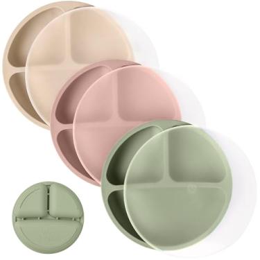 Imagem de WeeSprout Pratos de silicone com tampas para bebês e crianças (pacote com 3) pratos 100% de grau alimentício para alimentação automática, design dividido e bordas elevadas para comedores exigentes