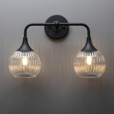 Imagem de PERMO Arandela vintage com 2 luzes antigas com globo de vidro canelado transparente arandelas duplas para espelho de banheiro mesa de maquiagem (preto)