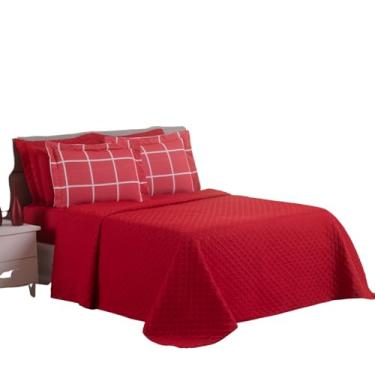 Imagem de Colcha Coxa Cocha Cobre Leito Jogo Roupa Cama Casal Queen 5 Peças Matelado Dupla Face Decoração Linha Vermelho