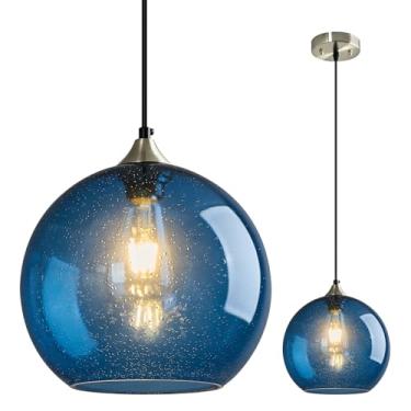 Imagem de LBSQJ Luzes pendentes de vidro azul ilha de cozinha globo luminária pendente moderna para cozinha ilha quarto sala de jantar luminária (25 cm, 1 pacote)