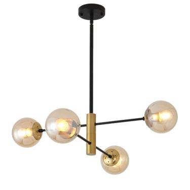 Imagem de AskLlieo Lustre Sputnik de globo de vidro de 4 luzes, luminária de sala de jantar com sombra âmbar, lustre de meados do século, luminária de teto retrô clássica para estudo, cozinha, quarto, corredor