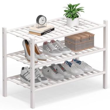 Imagem de Haddockway Grande organizador de armazenamento de sapatos de bambu de 3 níveis, prateleira empilhável multifuncional com painel de grade para armário, corredor, entrada, espaço pequeno 68,5 x 30,5 x