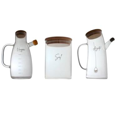 Imagem de Conjunto de 3 Potes de Vidro para Temperos, Azeite, Vinagre e Sal, Tampa de Bambu, Transparente