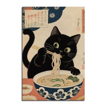 Imagem de Pôster retrô peculiar de animal fofo gato preto comendo ramen arte de parede engraçada comida de animal de estimação pôsteres japoneses vintage impressão em tela pintura arte de parede para cozinha
