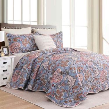 Imagem de Nanko Conjunto de colcha King Size 3 peças, azul vermelho verde bege floral grande vieiras, colcha macia e leve colcha para cama fazenda edredom acolchoado fino conjunto de cama vintage feminino