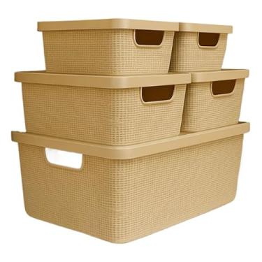 Imagem de Cesto Organizador com Tampa Caixa Organizadora de Plástico Multiuso Cesta Organizadora para Armazenamento Caixas Organizadoras(BEGE)