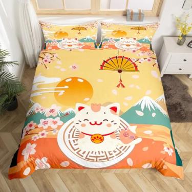 Imagem de Feelyou Jogo de cama infantil com flores de cerejeira king size para meninos e meninas Fuji Mountain, conjunto de capa de edredom estilo japonês, capa de edredom com estampa de gato kawaii (sem