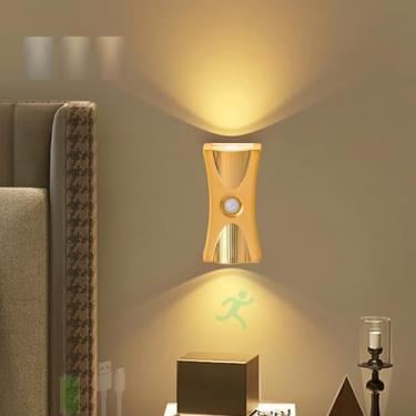 Imagem de Lâmpadas de parede com bateria com detector de movimento Lâmpadas de parede carregáveis LED Três temperaturas Iluminação de parede regulável sem fio Corredor magnético Escadaria Quarto (Dourado)
