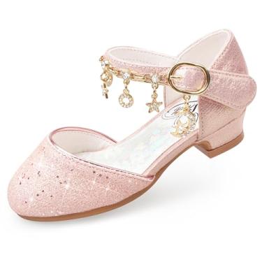 Imagem de Stelle Sapatos sociais Mary Jane para meninas, salto baixo, laço envernizado com glitter, festa de casamento, florista, escola (bebês/crianças grandes), Rosa brilhante, 22