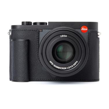 Imagem de Capa para câmera Q3 vintage de couro genuíno feita à mão com placa de base de alumínio para Leica Q3 (preta - linha preta com textura PalmSwell)