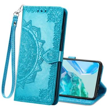 Imagem de Capa carteira para T-Mobile REVVL 8 5G, capa flip de couro PU em relevo mandala flores alça de pulso Folio slots para cartão suporte magnético capa protetora para telefone para mulheres homens azul