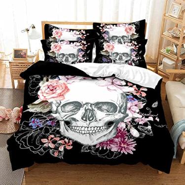 Imagem de Conjunto de capa de edredom King preto crânio planta rosa 234 x 284 cm jogo de cama com fronhas quente aconchegante térmico macio 100% poliéster - duplo - 1 capa de edredom + 2 fronhas