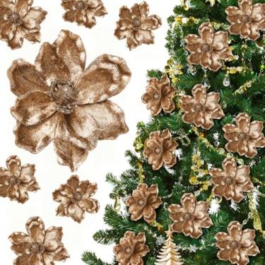 Imagem de Yuxung 20 peças de enfeites de flores de magnólia de poinsétia com purpurina, cabeças grandes, flores artificiais de magnólia para árvore de Natal, guirlanda de Natal, decoração de casamento (ouro)