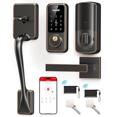 Imagem de Conjunto de fechadura de porta frontal, entrada sem chave, fechadura inteligente com alça, controle de aplicativo inteligente, teclado eletrônico, senha Bluetooth, desbloqueio de chave mecânica