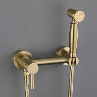 Imagem de CUTPOIY Kit de pulverizador de bidê montado na parede para vaso sanitário escovado latão dourado quente e frio Bidê torneira pulverizador para vaso sanitário para banho de animais de estimação/higiene
