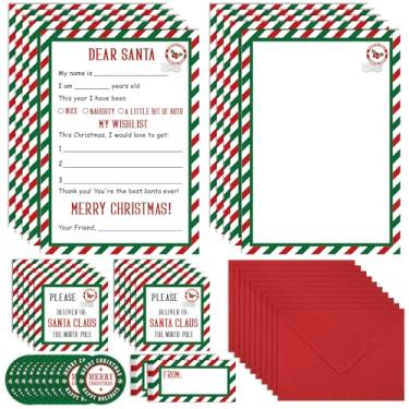 Imagem de Kit de escrita de lista de desejos de Natal carta para o Papai Noel, 15 conjuntos de cartões preenchidos em branco 12,6 x 17,8 cm com envelopes vermelhos/adesivos/selos/etiqueta de nome/etiquetas de