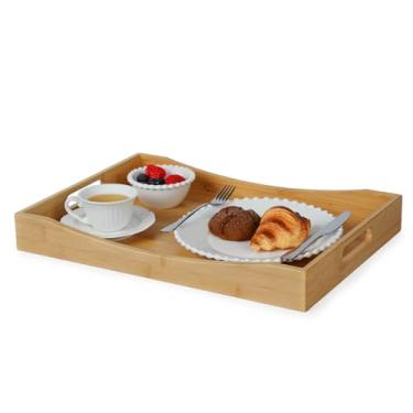 Imagem de Gobam Bandeja de servir de bambu com alças embutidas, bandejas grandes de café da manhã de madeira de 50 x 35 cm para cama, mesa de centro e otomana, bandeja decorativa retangular para entrada