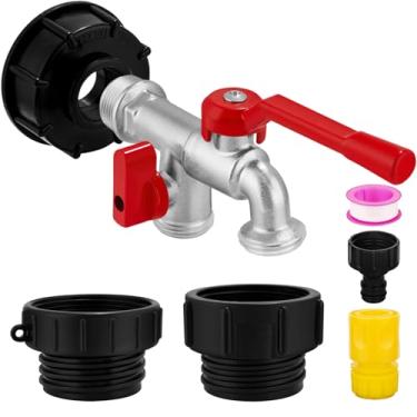 Imagem de Adaptador de mangueira tote IBC Torneiras de saída dupla 275-330 galões IBC Tote Acessórios para tanque de água NPT de 3/10.2 cm para válvula de mangueira de jardim de latão cromado duplo de 3/10.2 cm