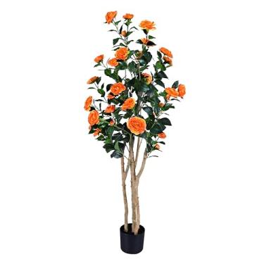 Imagem de Camélia de árvores artificiais realistas com troncos de madeira natural, rosa sintética de seda perene com flores de seda, decoração interna para sala de estar, varanda, escritório (laranja, 1,5 m x 1