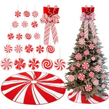 Imagem de Syhood Enfeite de árvore com design de bengala de doces de Natal, boné vermelho, 91 cm, saia de árvore de Natal, pirulito de inverno, decoração de Natal para presentes de Natal