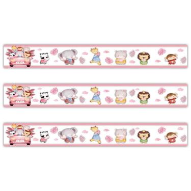 Imagem de Kit 3 Faixas Decorativas Papel Parede Infantil Animais Carro Titulo Rosa