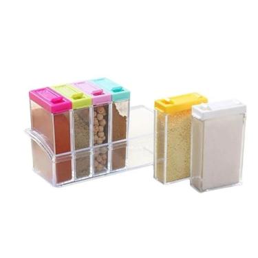 Imagem de Porta Temperos Modular de Acrílico, 6 Compartimentos com Tampa Colorida, Organizador de Cozinha, Transparente