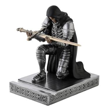 Imagem de HDMbigmi Suporte de caneta de guerreiro com armadura de caveira, suporte para celular com capa, suporte de caneta de resina para escritório e casa (ferro e preto)