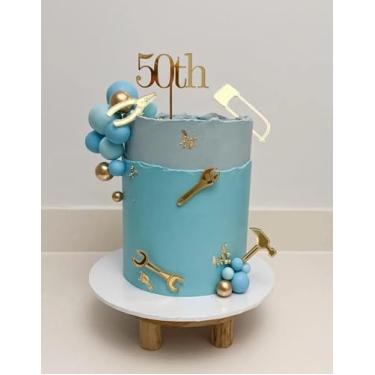 Imagem de 6 peças de ferramentas manuais, topo de bolo, chave inglesa dourada acrílica, martelo mecânico, furadeira, chaves de fenda, tema de festa de feliz aniversário, decorações de bolo para meninos e homens