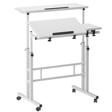 Imagem de soges Mesa de suporte para laptop móvel de 80 cm, mesa superior inclinável com altura ajustável, mesa de computador em pé para escritório em casa, mesa de rodinhas pequena para espaço pequeno, branca